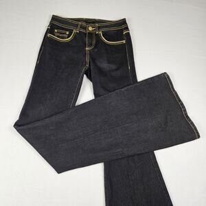 Rachel Zoe Flared Jeans Bellbottom Blue Gold Bootcut Stretch Denim Size 25 Tall